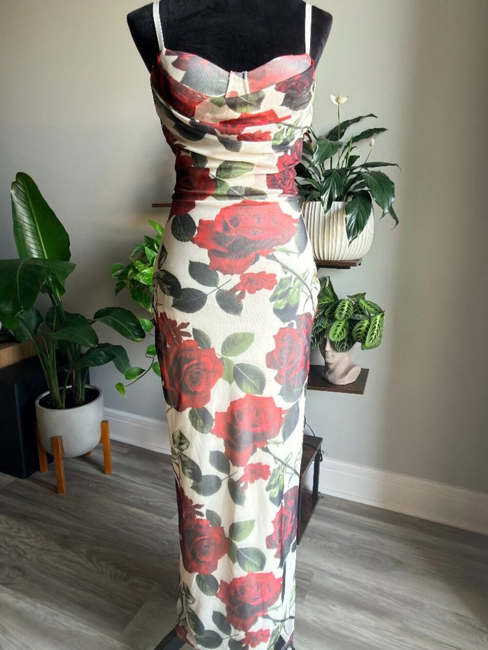 Vintage Boutique Rose Floral Maxi Dress Size S Open Back Ruched Romantic